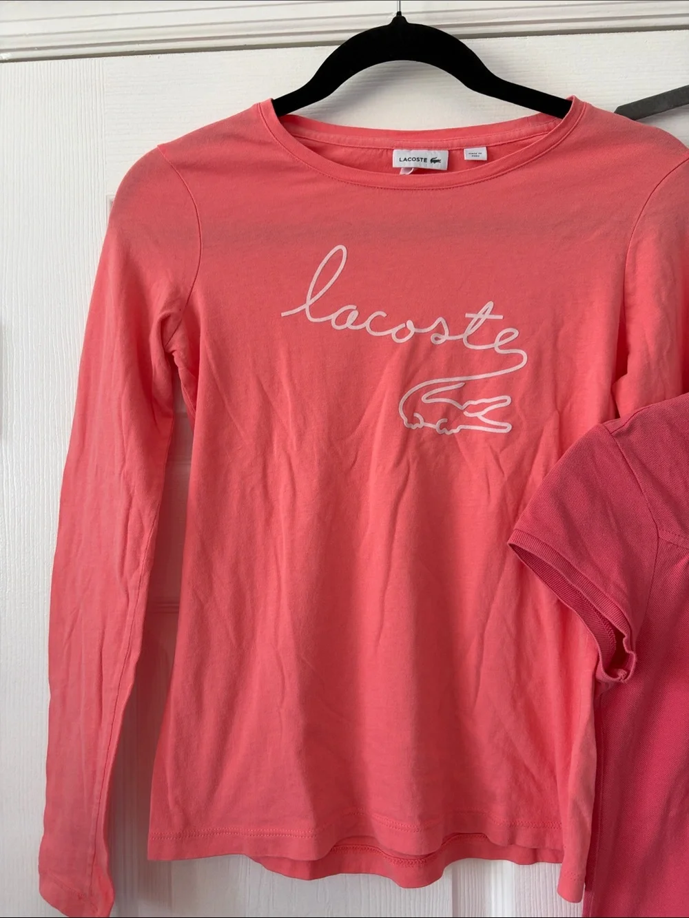 Lacoste Girls' Coral Pink Long Sleeve Tee and Polo Top Set. Two shirts